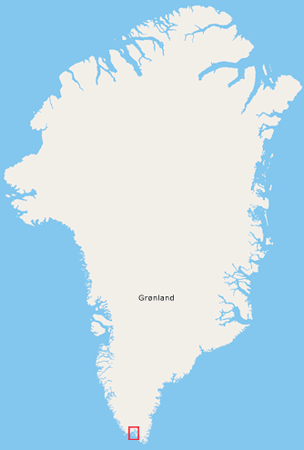 Kort over Grønland - i det røde felt ligger Qaqortoq